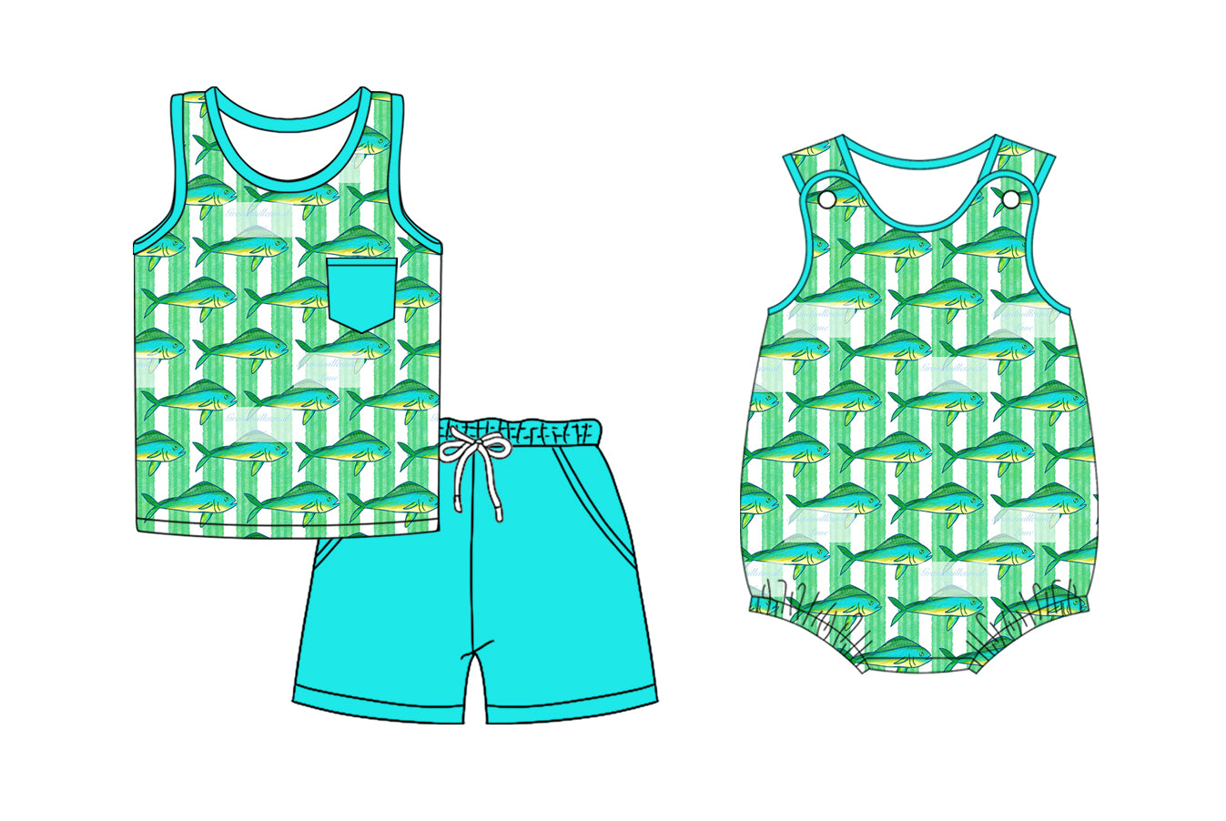 12.4 (Custom Design Preorder MOQ 5 Each Design) Fish Stripes Print Boys Summer Matching Clothes Brothers Wear