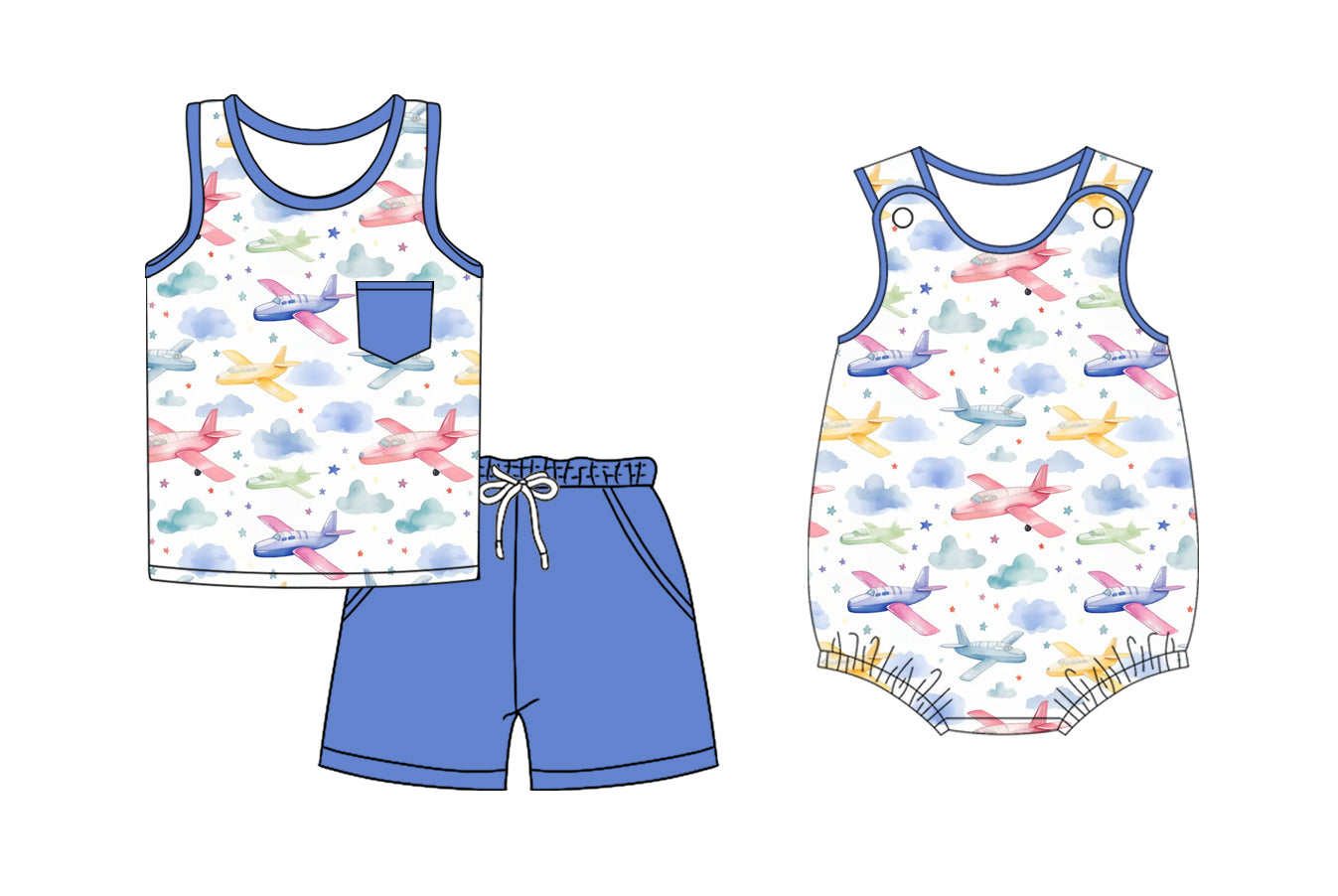 3.31(Custom Design Preorder MOQ 5 Each Design) Colorful Plane Print Boys Summer Matching Clothes Brothers Wear