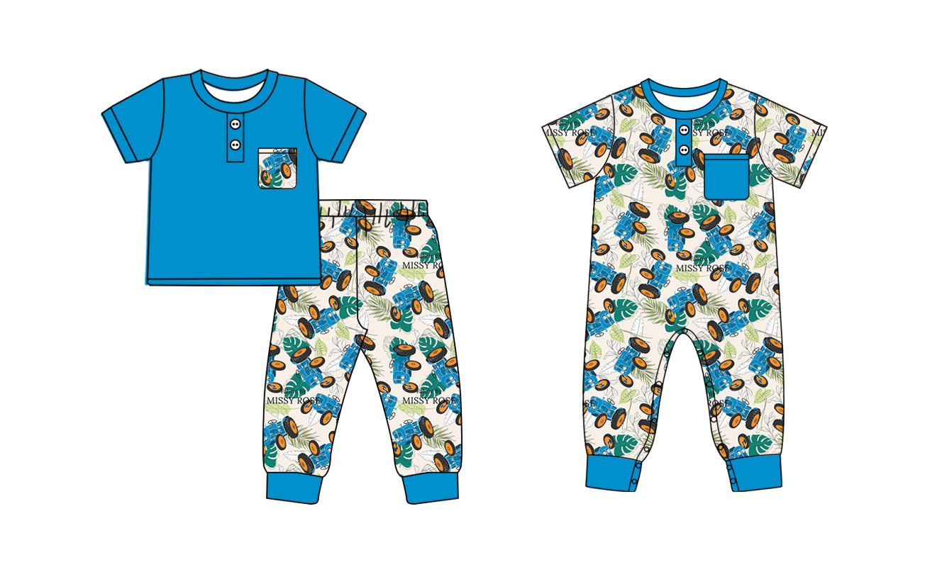 5.5(Custom Design Preorder MOQ 5 Each Design) Tractors Blue Print Boys Matching Clothes Brothers Wear