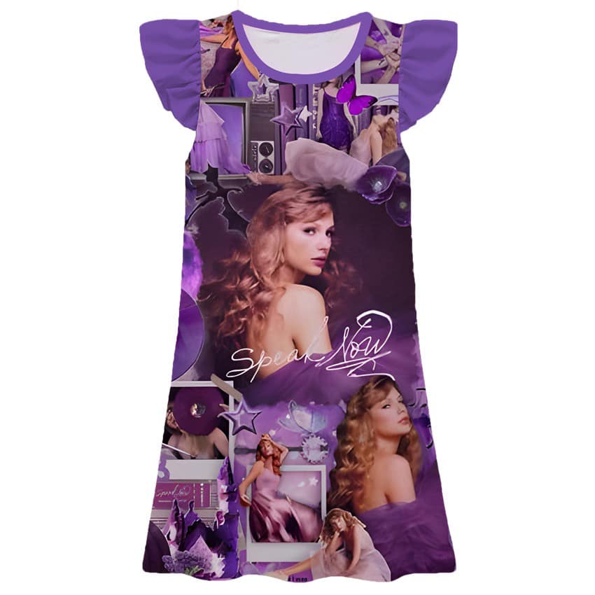 11.22(Custom Design Preorder MOQ 5) Singer Swiftie Purple Print Girls Flutter Sleeve Knee Length Dress