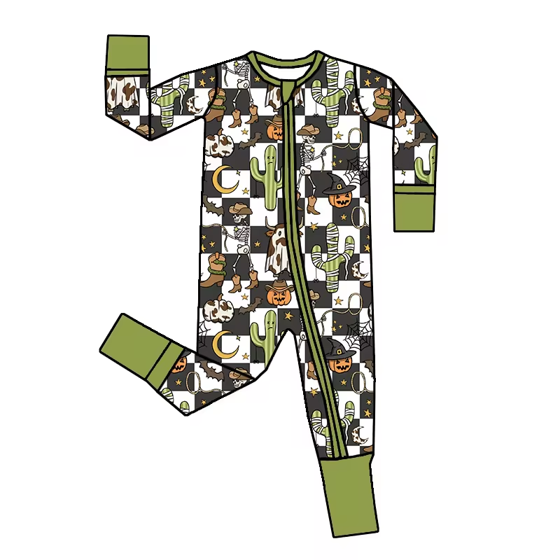 (Custom Design Preorder MOQ 5) Pumpkin Cactus Print Baby Halloween Zipper Sleeper Western Romper