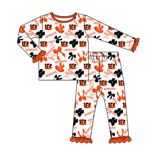 (Custom Design Preorder MOQ 5) Team's Bengals Bows Print Pants Girls Fall Pajamas Clothes Set