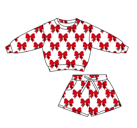 (Custom Design Preorder MOQ 5) Go Team Cheer Red Bows Long Sleeve Top Pockets Shorts Girls Clothes Set