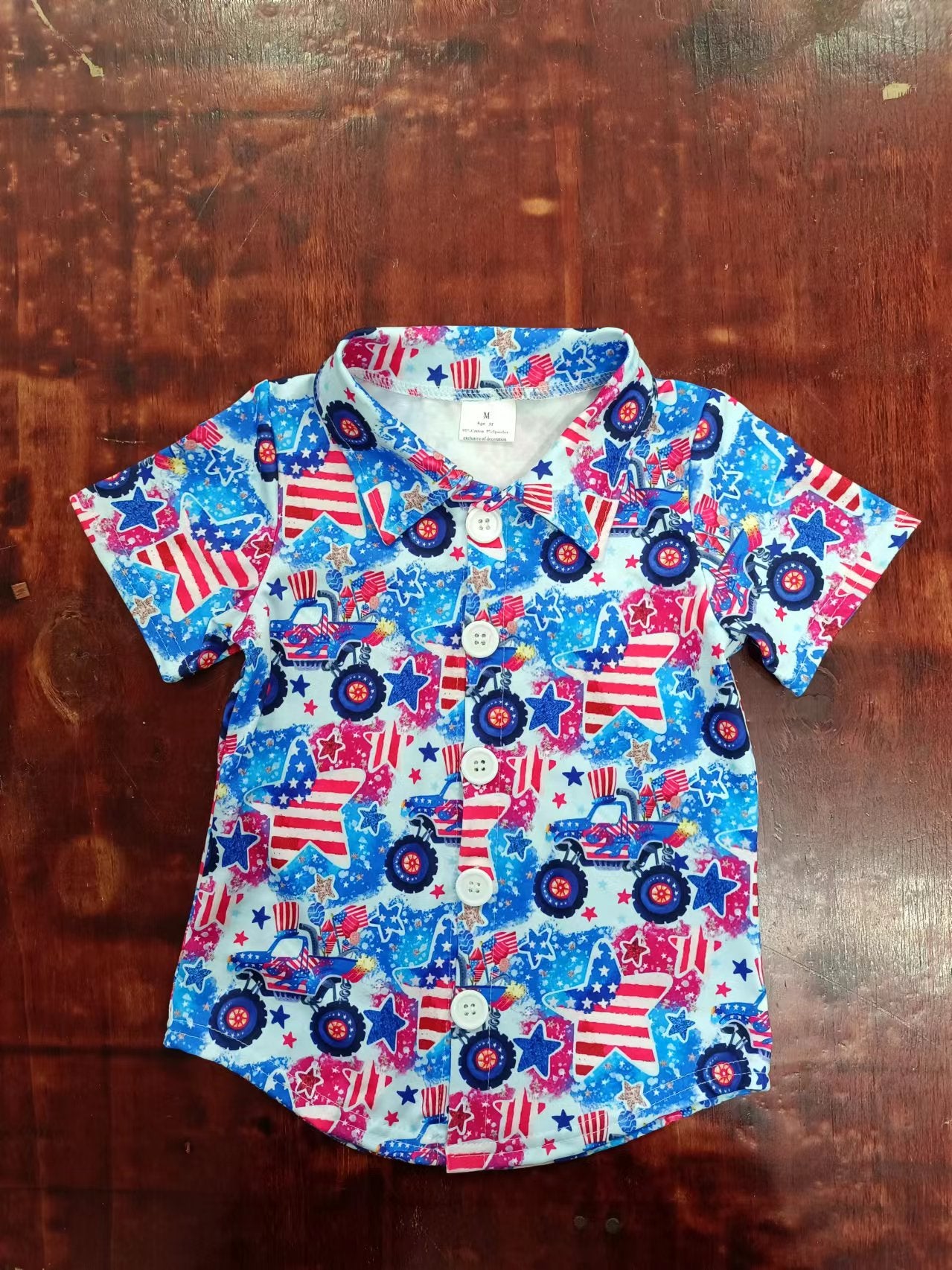 (Custom Design Preorder MOQ 5) Monster Trucks Stars Print Boys 4th of July Tee Shirts Top