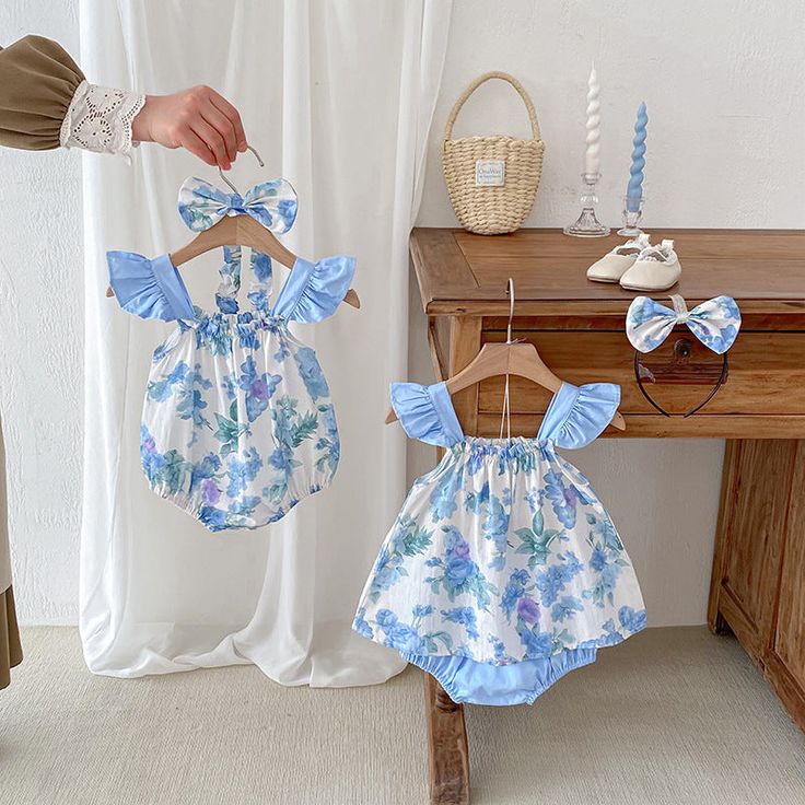 (Custom Design Preorder MOQ 5 Each Item) Blue Flowers Print Baby Girls Summer Romper