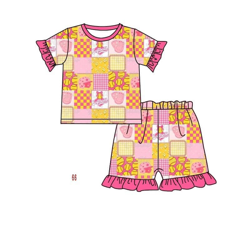 (Custom Design Preorder MOQ 5) Softball Print Girls Summer Pajamas Clothes Set