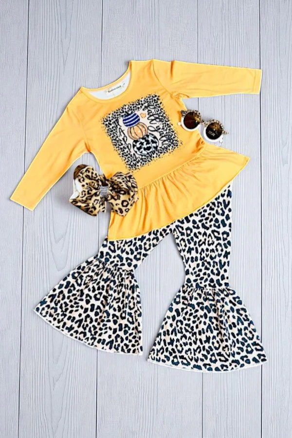 (Custom Design Preorder MOQ 5) Pumpkin Top Leopard Bell Pants Girls Fall Clothes Set
