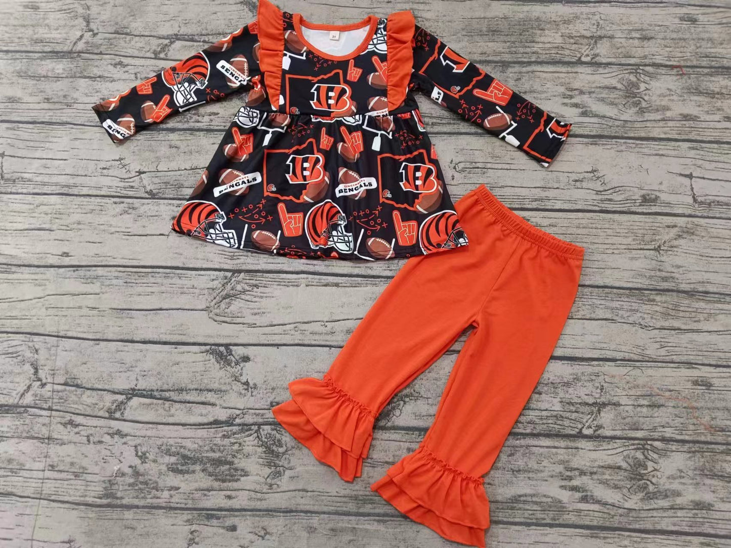 (Custom Design Preorder MOQ 5) Team's BENGALS Tunic Top Orange Pants Girls Fall Clothes Set