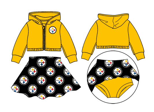 (Custom Design Preorder MOQ 5) Team's Steelers Yellow Jacket Zipper Hoodie Top Shorts Skirts Girls Clothes Set