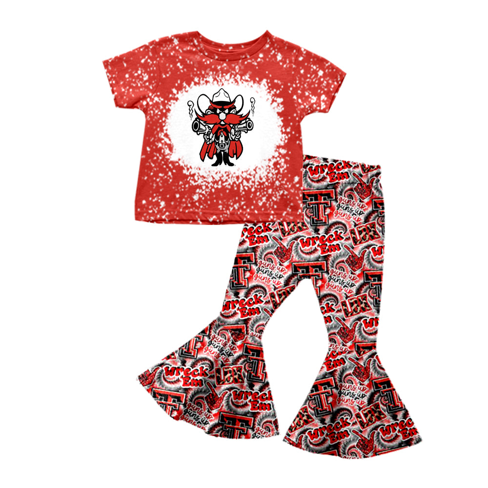 (Custom Design Preorder MOQ 5) Team's Red Raiders Print Bell Pants Girls Clothes Set