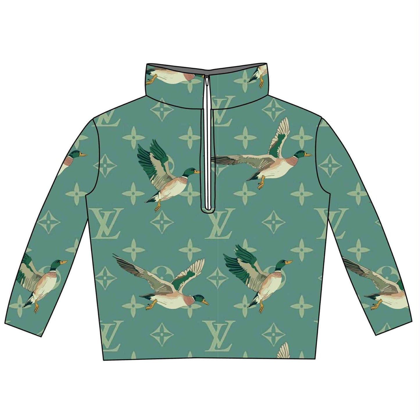 (Custom Design Preorder MOQ 5) Duck Green L*V* Print Kids Long Sleeve Zipper Pullover Top