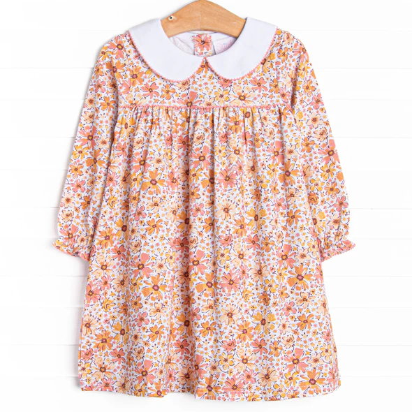 (Custom Design Preorder MOQ 5 ) Pink Orange Flowers Print Girls Fall Knee Length Dress