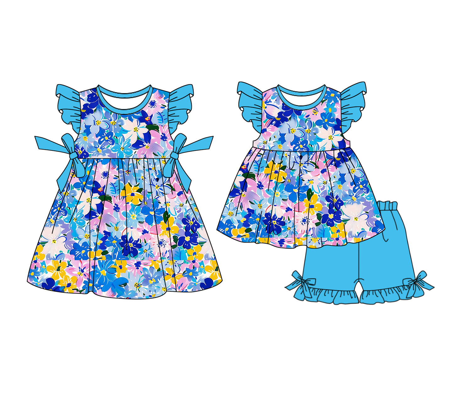 1.4(Custom Design Preorder MOQ 5 Each Design) Blue Flowers Print Girls Summer Matching Clothes Sisters Wear
