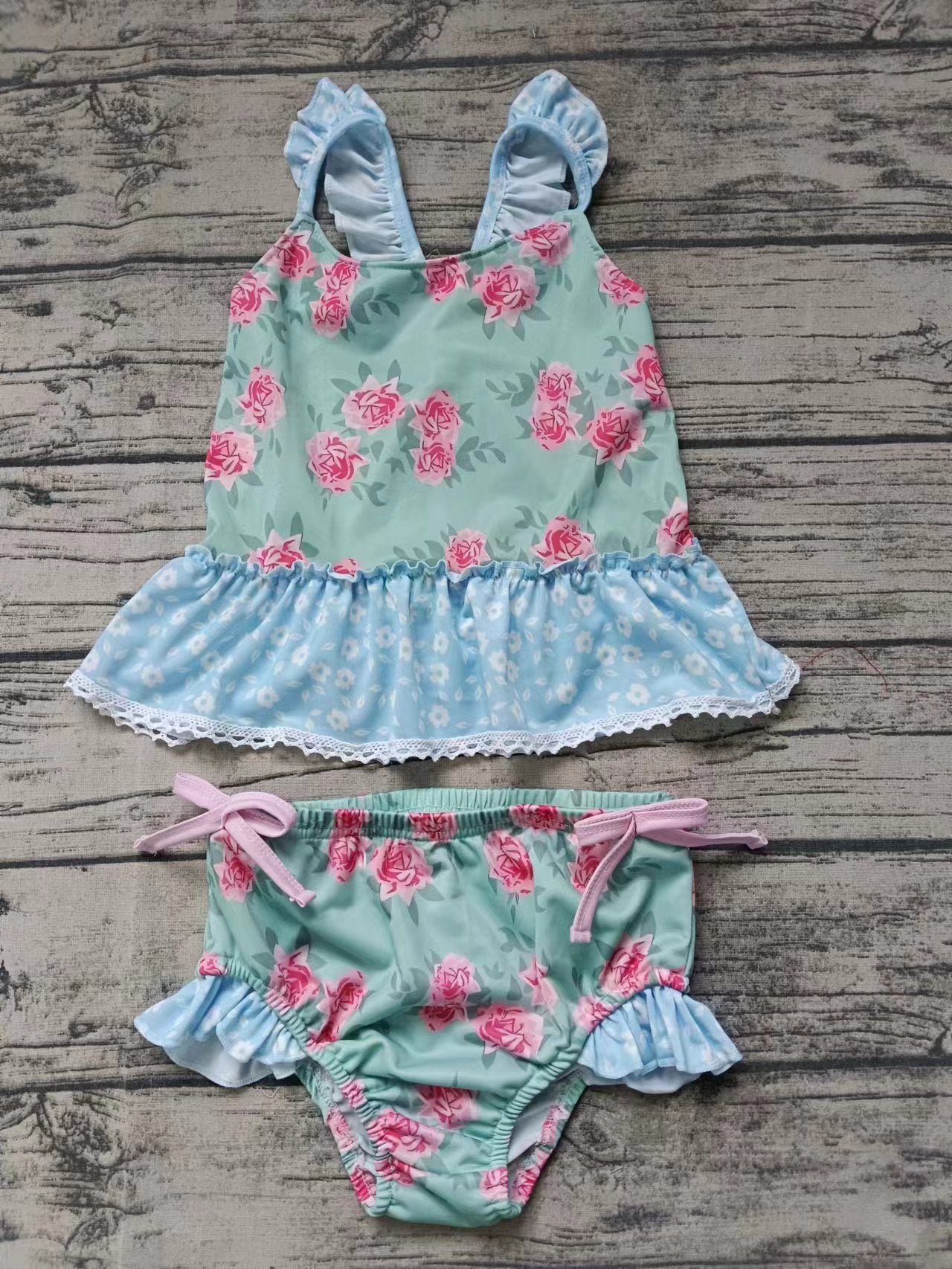 (Custom Design Preorder MOQ 5) Flowers Print Girls 2 Pieces Swimsuits