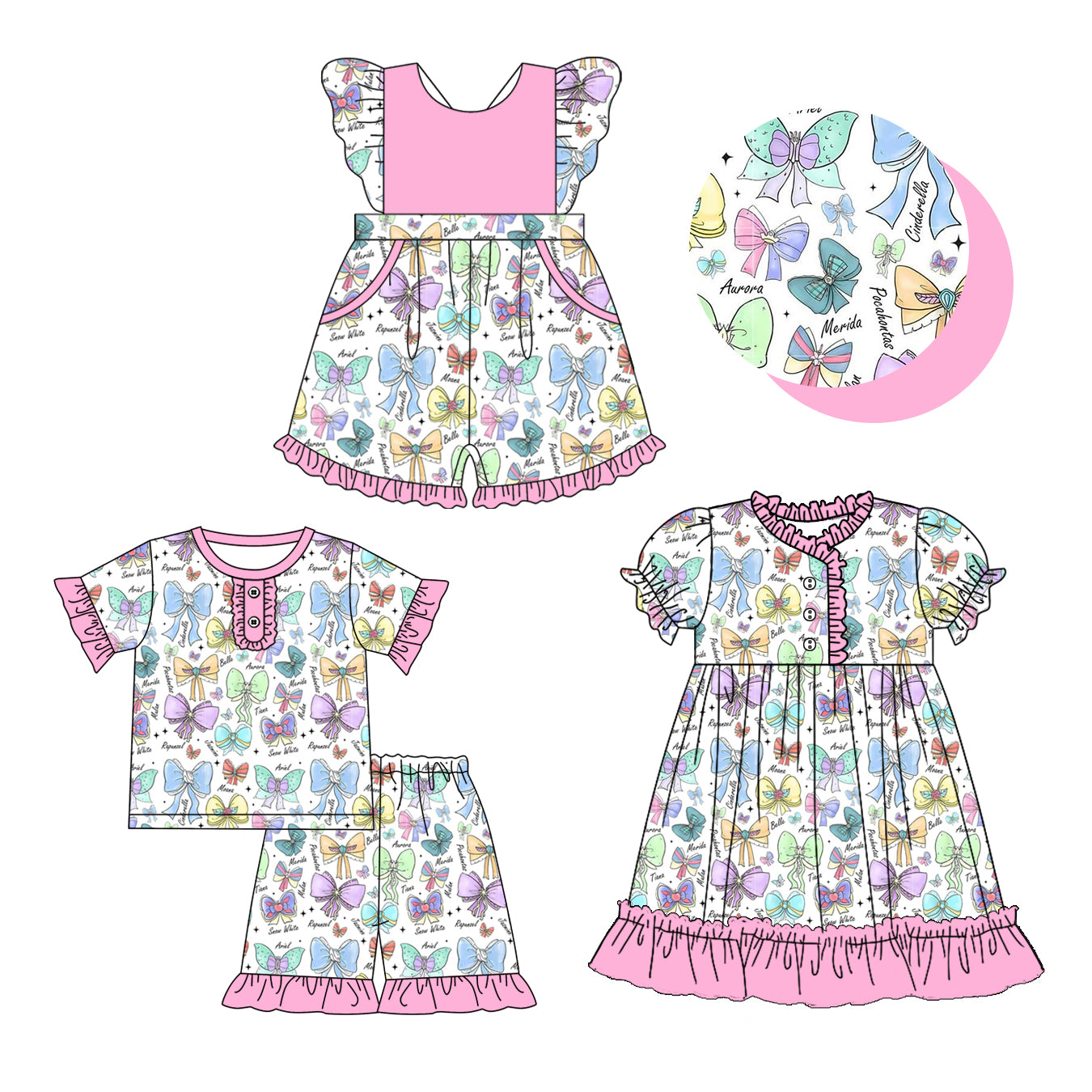 3.10(Custom Design Preorder MOQ 5 Each Design) Cartoon Princess Bows Pink Print Girls Summer Matching Clothes Sisters Wear