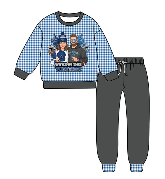 (Custom Design Preorder MOQ 5) Team's Cowboys & Lions Plaid Print Grey Pants Kids Fall Clothes Set