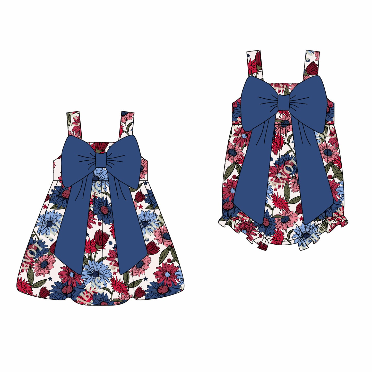 2.22(Custom Design Preorder MOQ 5 Each Design) Blue Red Flowers Print Girls 4th of July Matching Clothes Sisters Wear