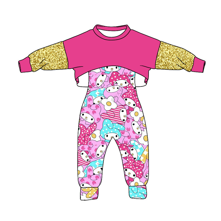 (Custom Design Preorder MOQ 5) Cartoon Animals Flowers Print Jumpsuits Girls Fall Clothes Set