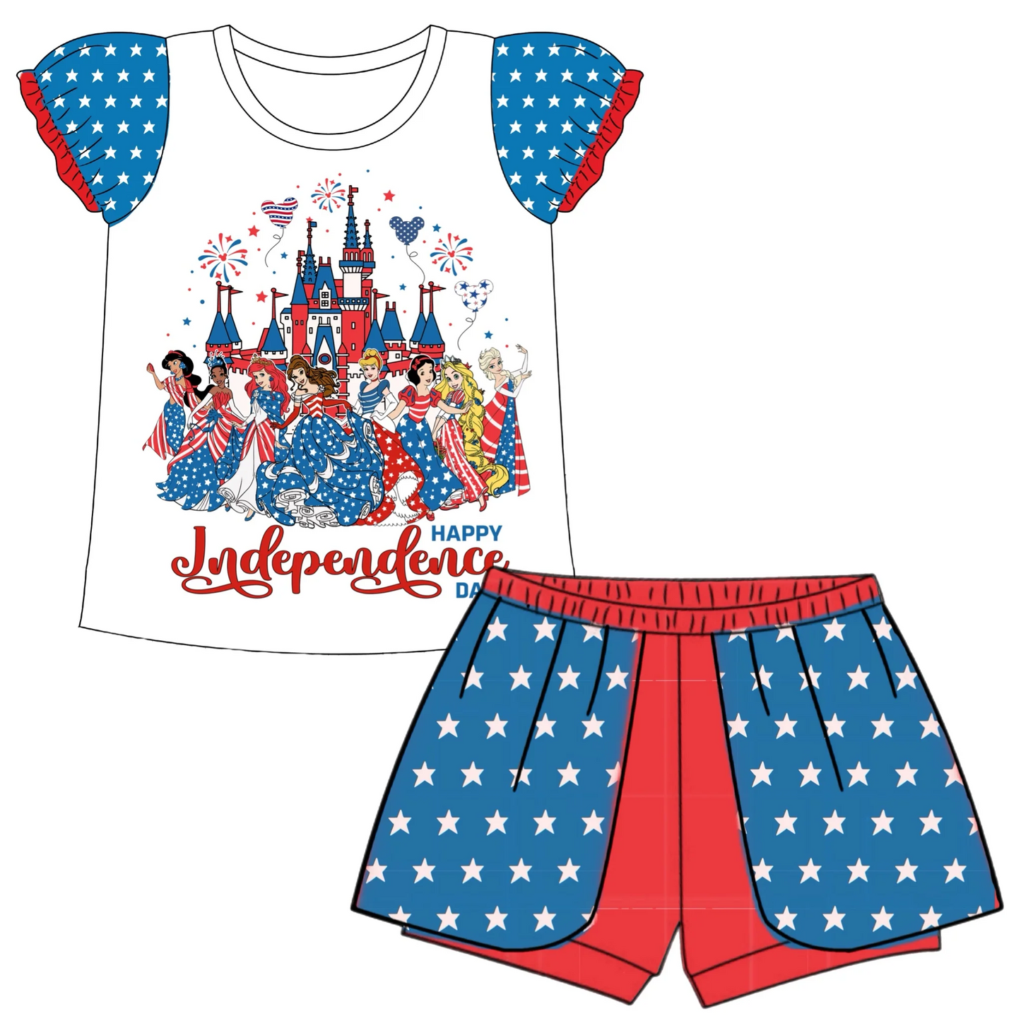 (Custom Design Preorder MOQ 5) Cartoon Princess Print Girls 4th of July Clothes Set