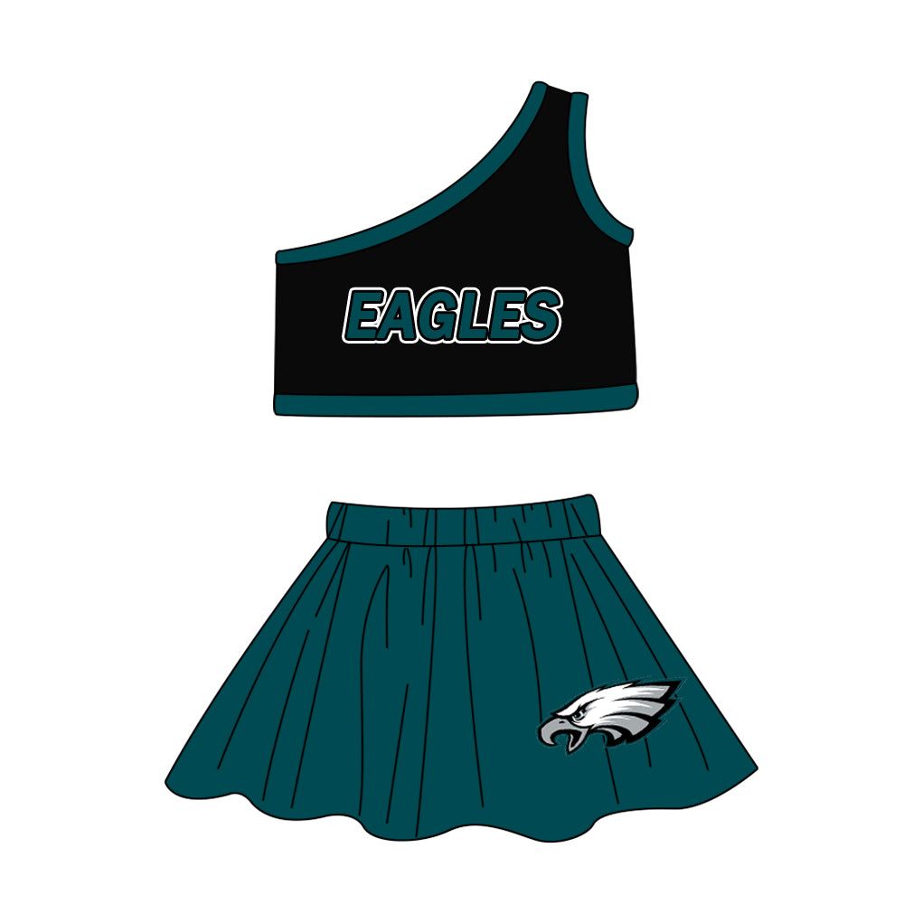 (Custom Design Preorder MOQ 5)Team's EAGLES Print One Shoulder Sleeve Top Skirts Shorts Girls Summer Clothes Set