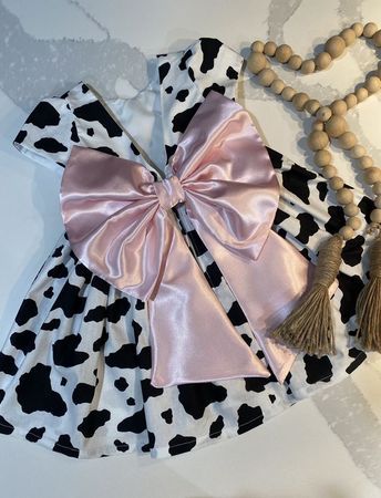 (Custom Design Preorder MOQ 5) Black Cowhide Print Pink Big Bow Girls Summer Knee Length Dress