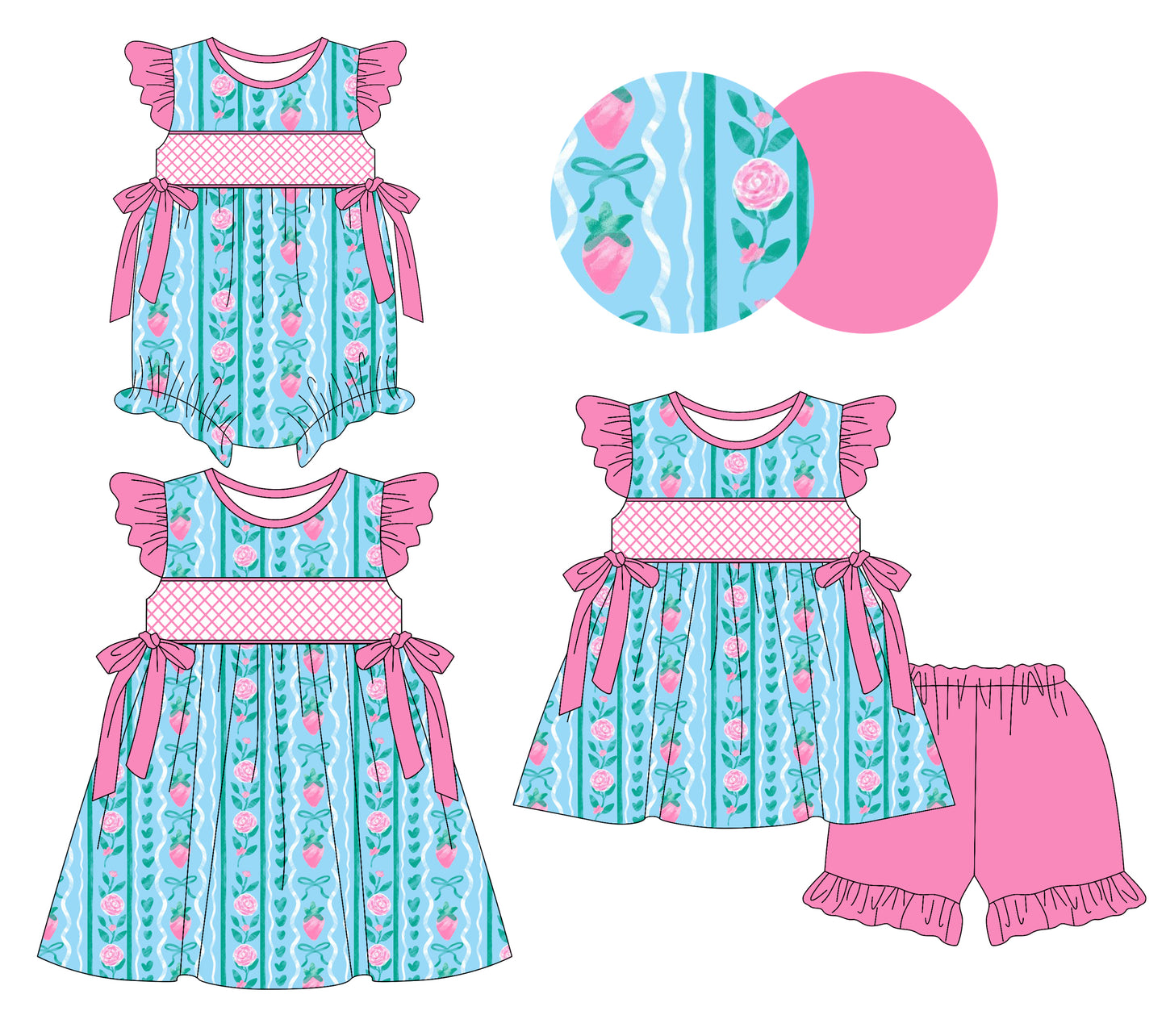 3.31(Custom Design Preorder MOQ 5 Each Design) Strawberry Flowers Print Girls Summer Matching Clothes Sisters Wear