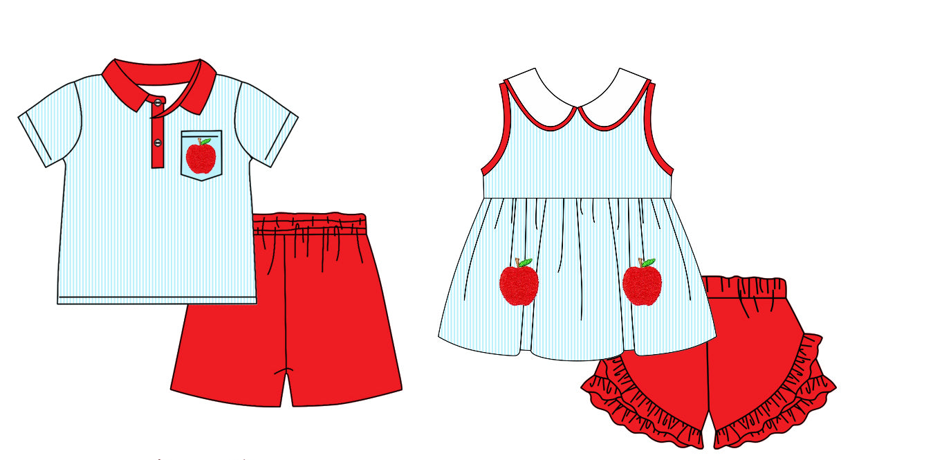 11.22(Custom Design Preorder MOQ 5 Each Design) Apple Blue Stripes Print Kids Summer Matching Clothes Sibling Back to School Wear