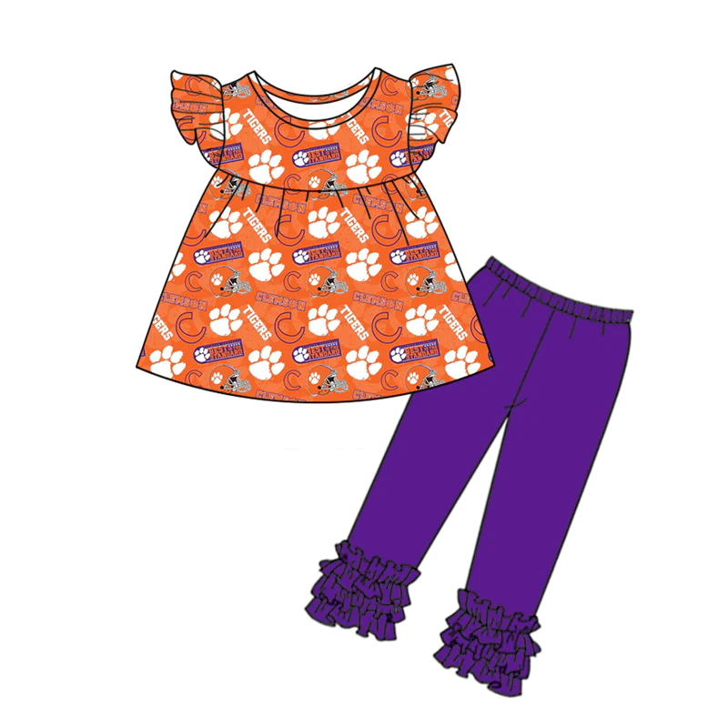 (Custom Design Preorder MOQ 5) Team's Orange Paw Print Top Purple Legging Pants Girls Clothes Set