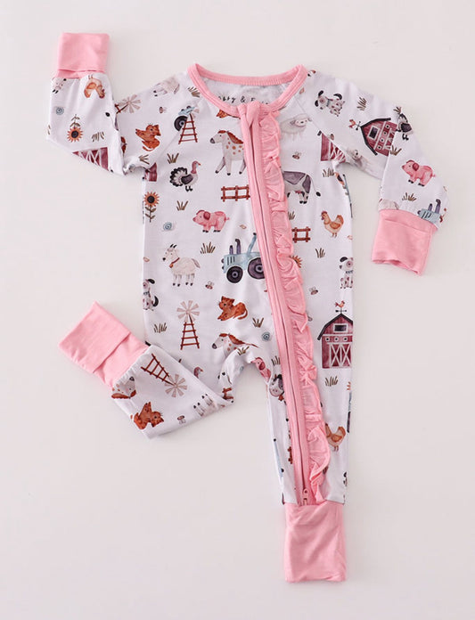 (Custom Design Preorder MOQ 5) Farm Animals Print Baby Girls Fall Sleeper Zipper Romper