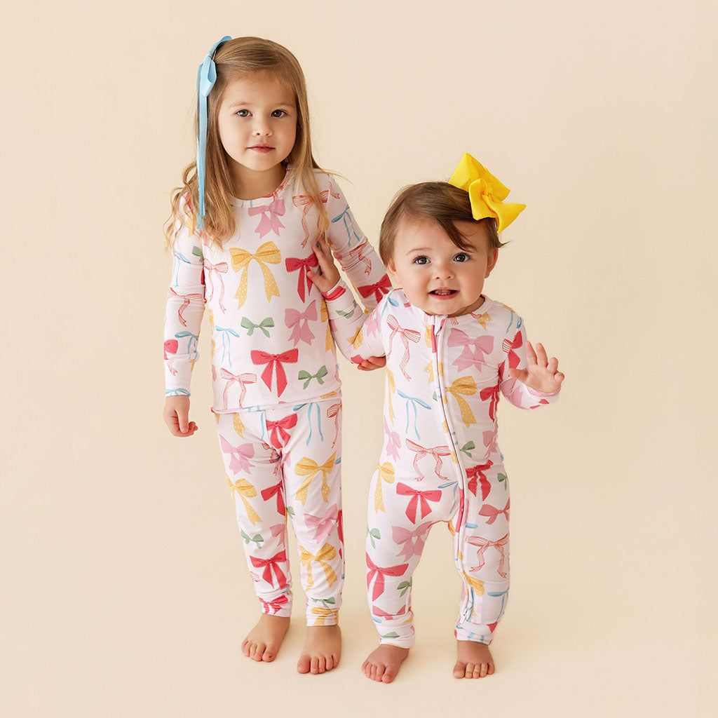 (Custom Design Preorder MOQ 5 Each Design) Colorful Bows Print Girls Pajamas Matching Clothes Sisters Wear