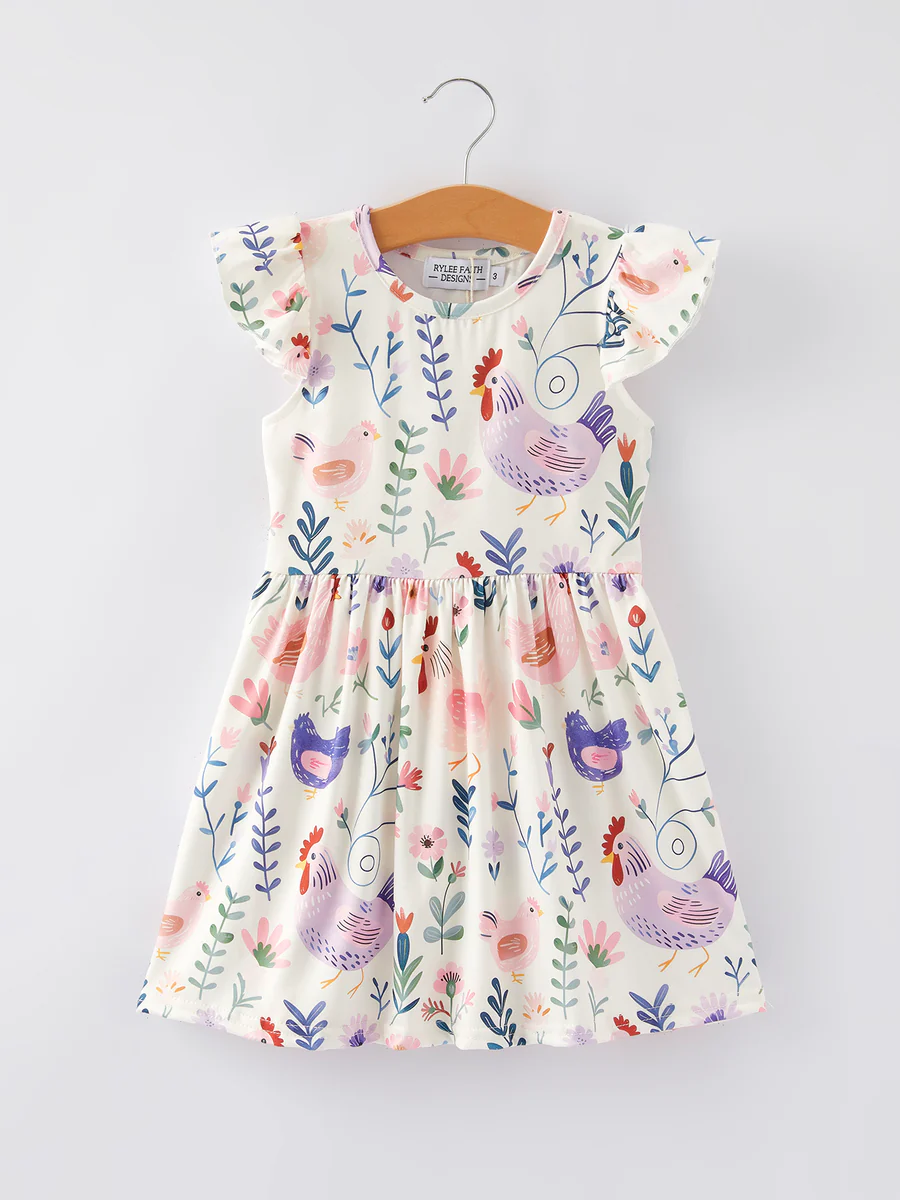 (Custom Design Preorder MOQ 5) Chicken Flowers Print Girls Knee Length Dress