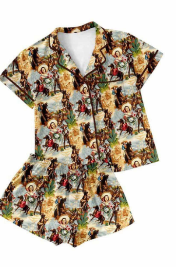 (Custom Design Preorder MOQ 5) Cowgirl Horse Print Shorts Girls Western Summer Pajamas Clothes Set