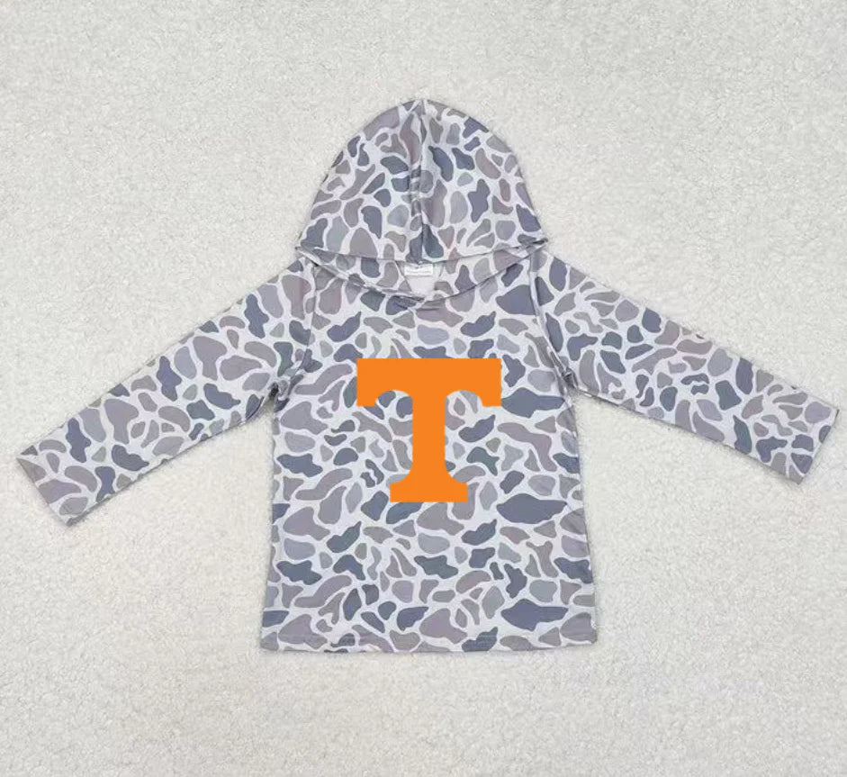 (Custom Design Preorder MOQ 5) Team Tennessee Grey Camo Print Kids Long Sleeve Hoodie Top