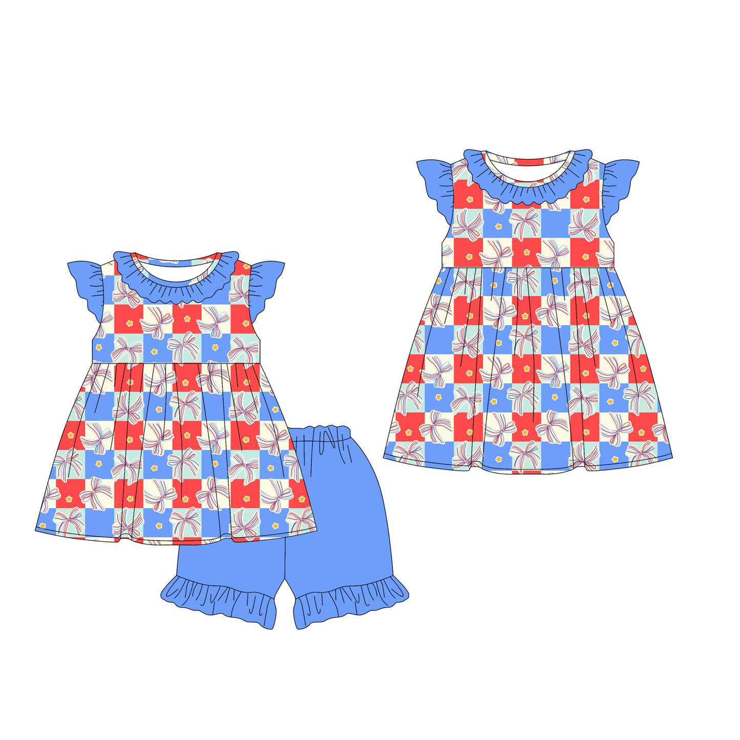 12.24 (Custom Design Preorder MOQ 5 Each Design) Bows Plaid Print Girls 4th of July Matching Clothes Sisters Wear