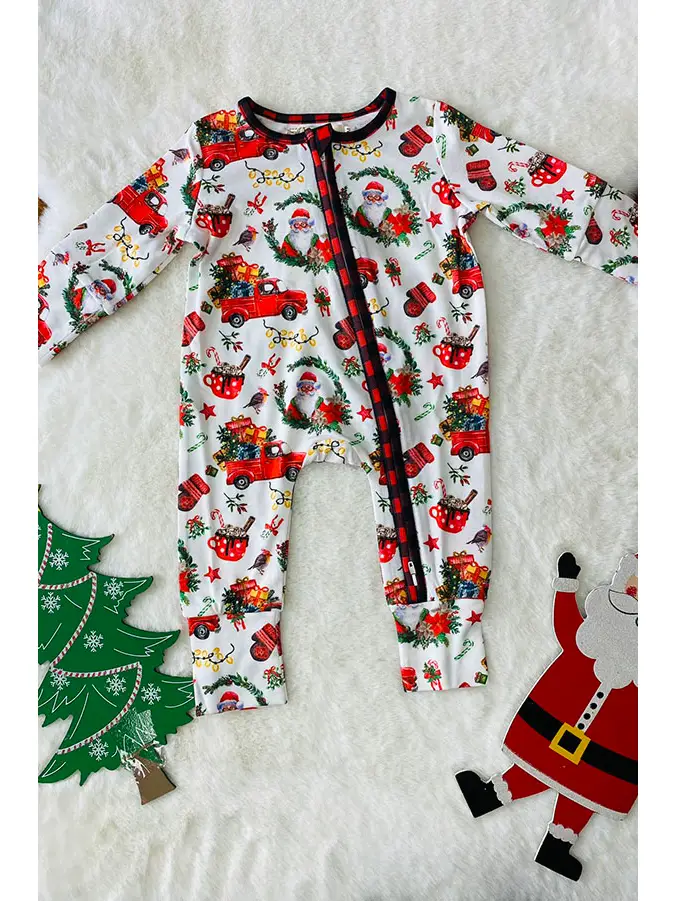 (Custom Design Preorder MOQ 5) Santa Trucks Holly Print Baby Girls Christmas Sleeper Zipper Romper