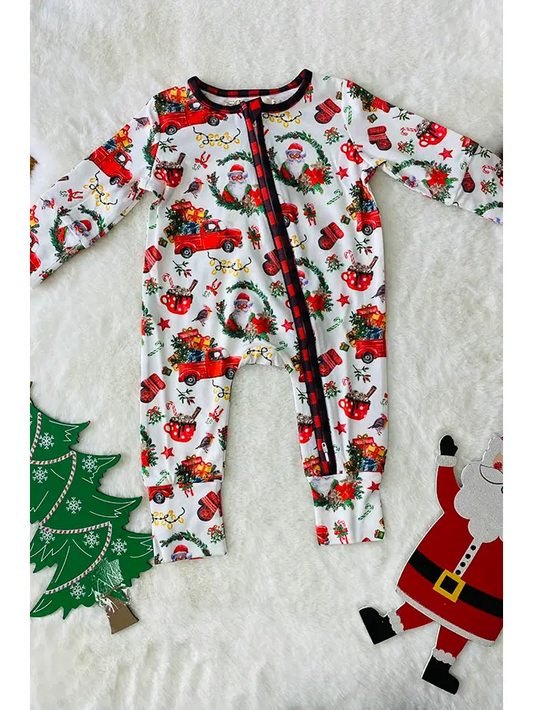 (Custom Design Preorder MOQ 5) Santa Trucks Holly Print Baby Girls Christmas Sleeper Zipper Romper