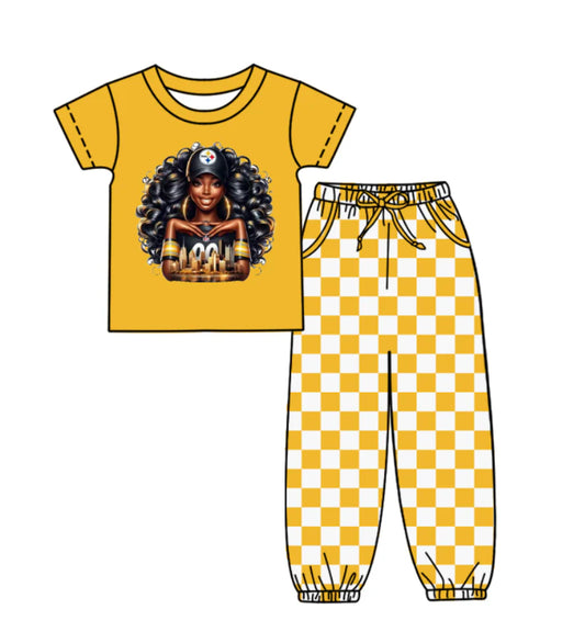 (Custom Design Preorder MOQ 5) Team's Steelers Top Plaid Joggers Kids Clothes Set