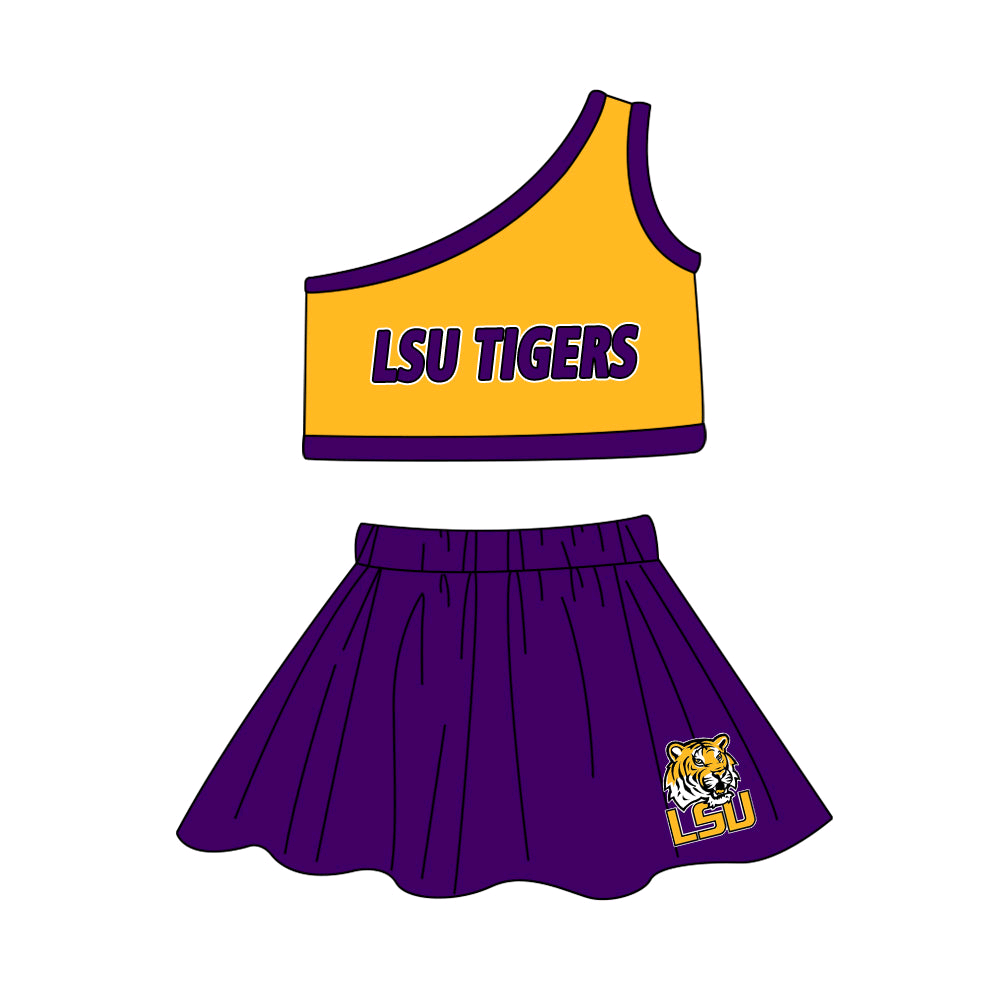 (Custom Design Preorder MOQ 5)Team's LSU TIGERS Print One Shoulder Sleeve Top Skirts Shorts Girls Summer Clothes Set
