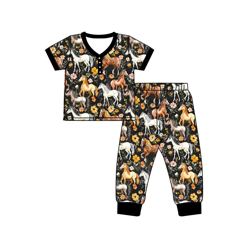 1.7(Custom Design Preorder MOQ 5 Each Design) Horse Flowers Print Pajamas Sets Mom and Me Matching Clothes
