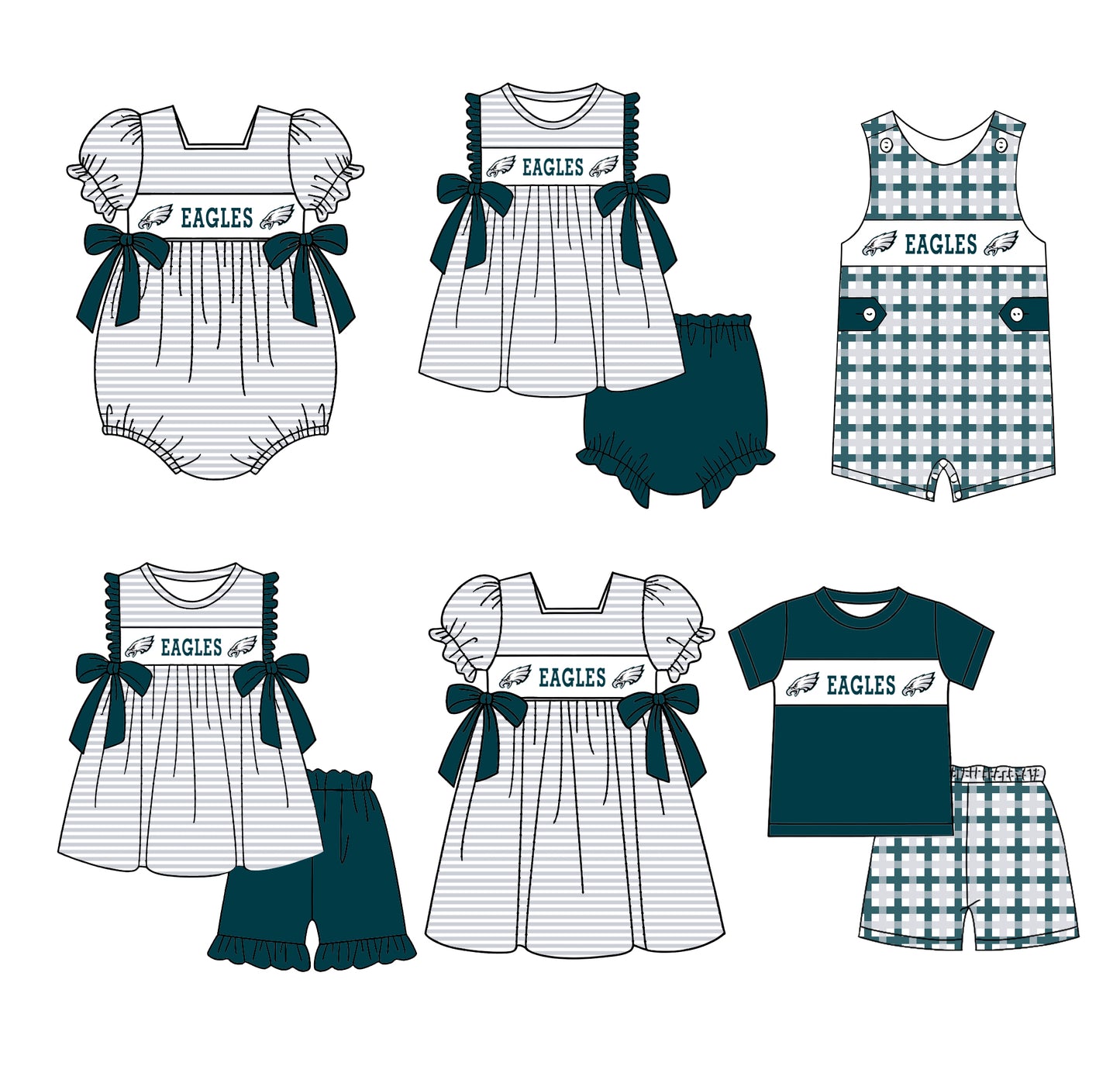 (Custom Design Preorder MOQ 5 Each Design) Team's Eagles Print Kids Summer Matching Clothes Sibling Wear