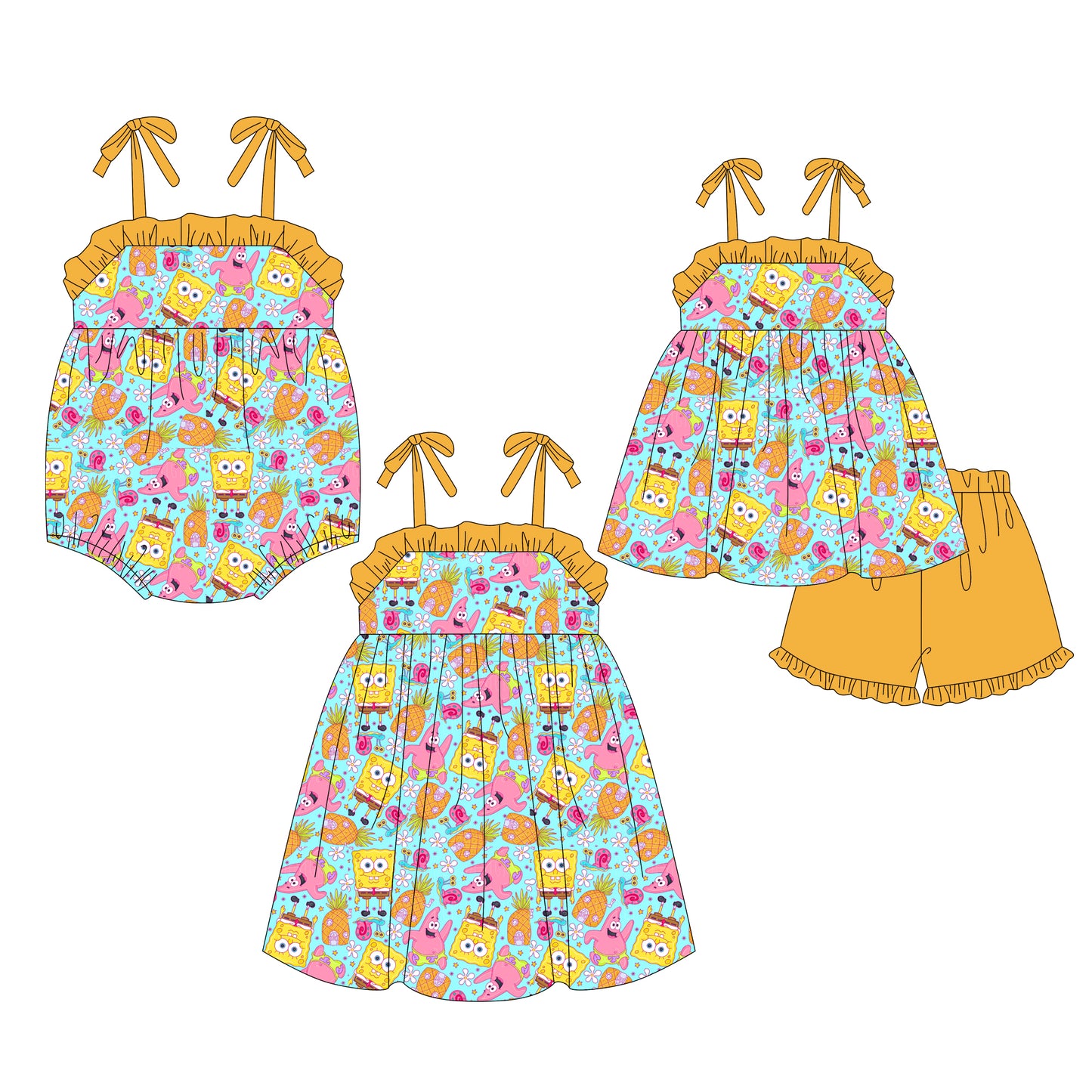 12.9(Custom Design Preorder MOQ 5 Each Design) Cartoon Pineapple Flowers Print Girls Summer Matching Clothes Sisters Wear