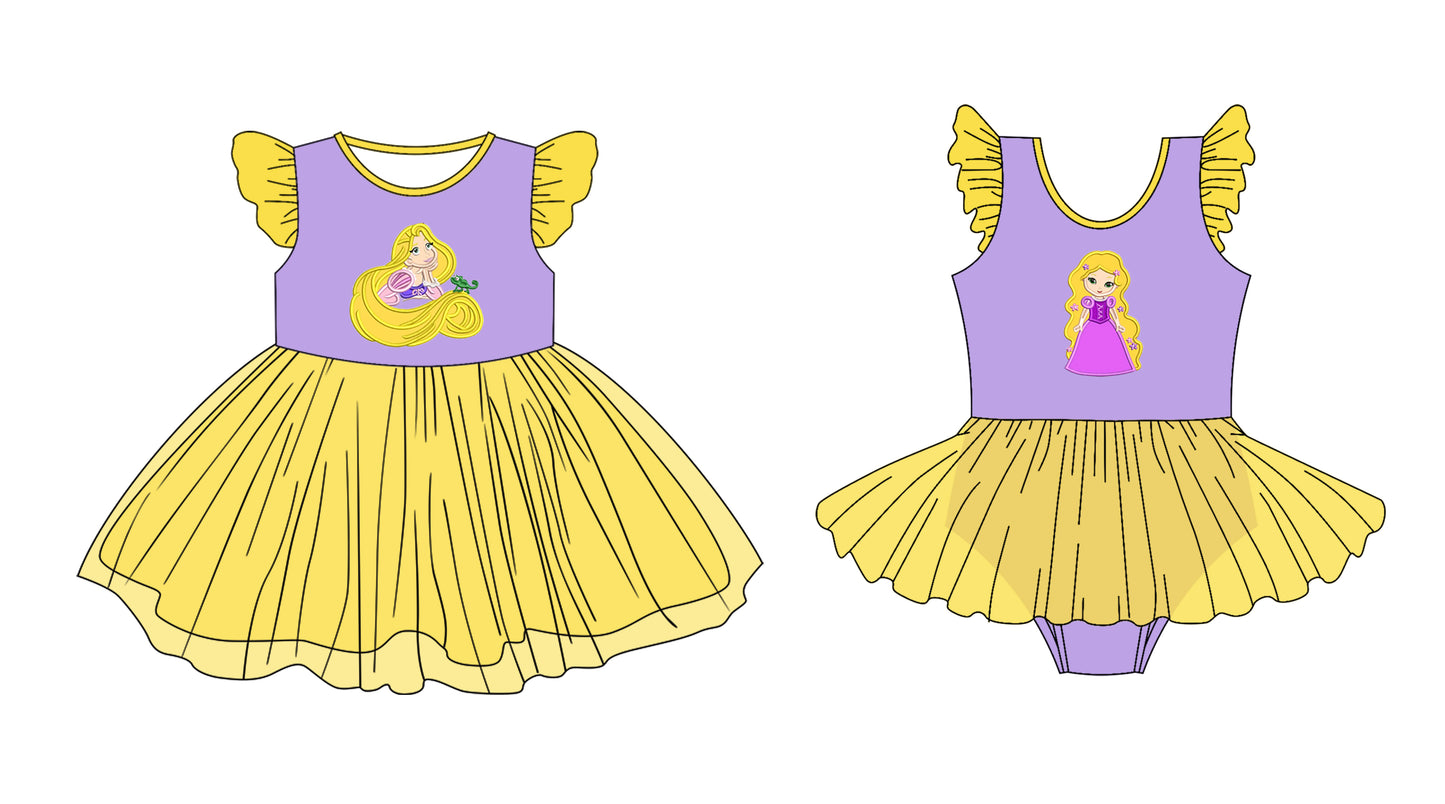 3.11(Custom Design Preorder MOQ 5 Each Design) Cartoon Princess Purple Print Girls Summer Tulle Matching Clothes Sisters Wear