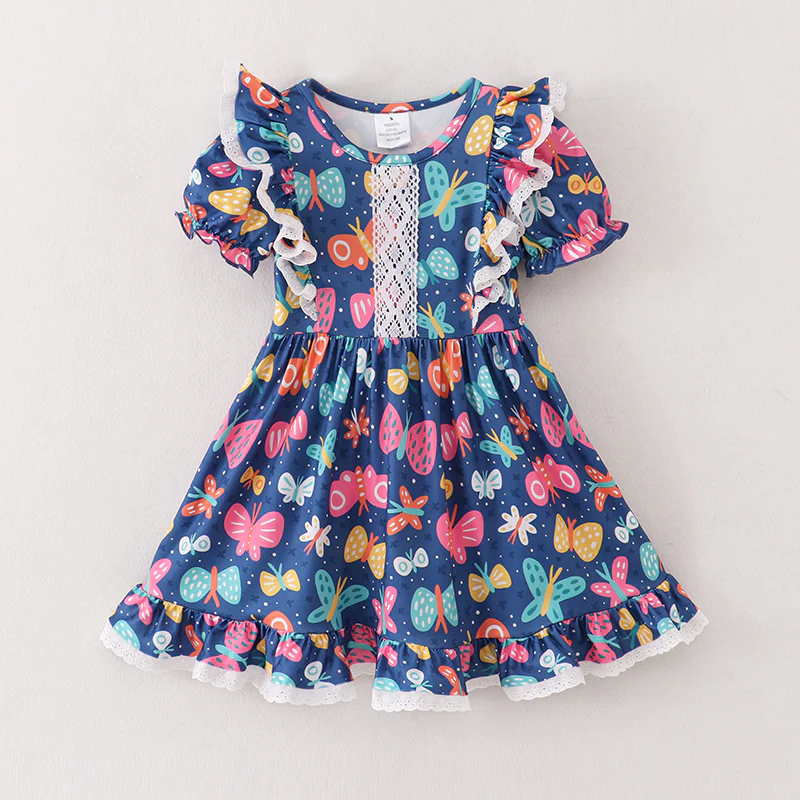(Custom Design Preorder MOQ 5) Butterfly Print Girls Knee Length Summer Dress