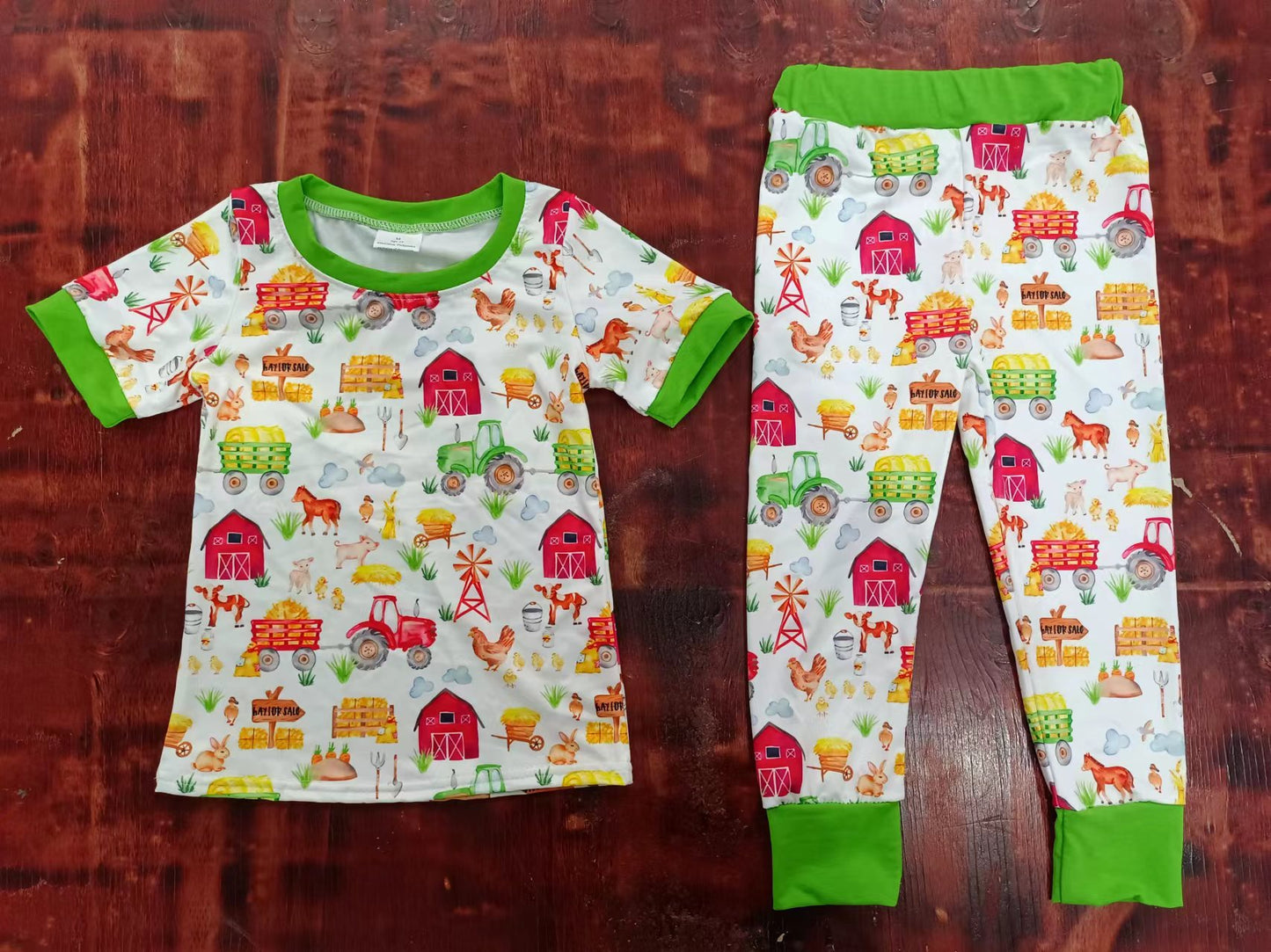 (Custom Design Preorder MOQ 5) Farm Print Kids Pajamas Clothes Set
