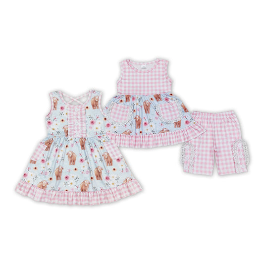 Flowers Highland Cow Plaid Print Sisters Summer Matching Clothes