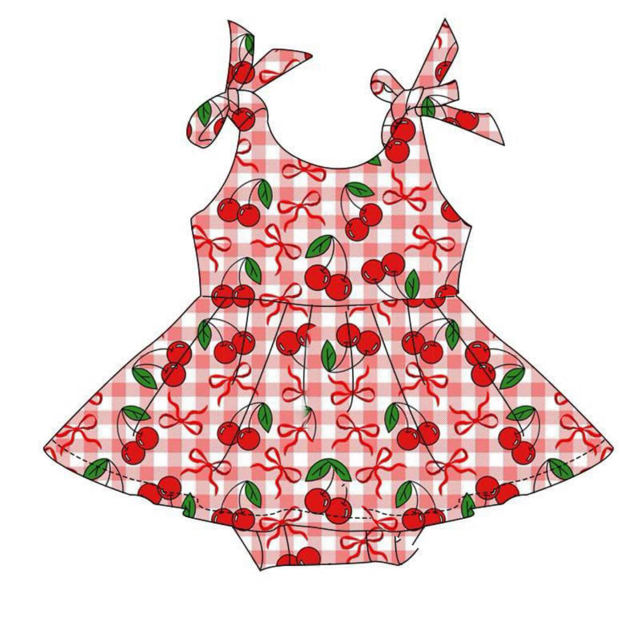(Custom Design Preorder MOQ 5) Cherry Bows Plaid Print Baby Girls Summer Romper