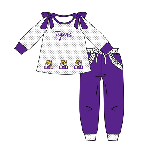 (Custom Design Preorder MOQ 5) Team's LSU Tigers Print Pockets Pants Girls Fall Clothes Set