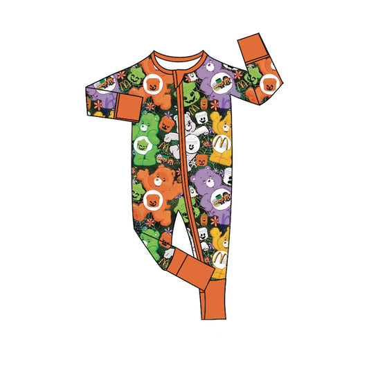 (Custom Design Preorder MOQ 5) Cartoon Bear Print Baby Girls Halloween Sleeper Zipper Romper