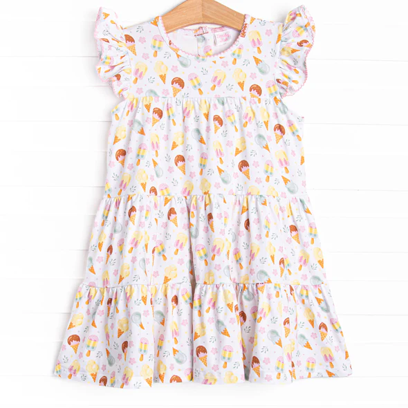 (Custom Design Preorder MOQ 5) Popsicle Flowers Print Girls Summer Knee Length Dress