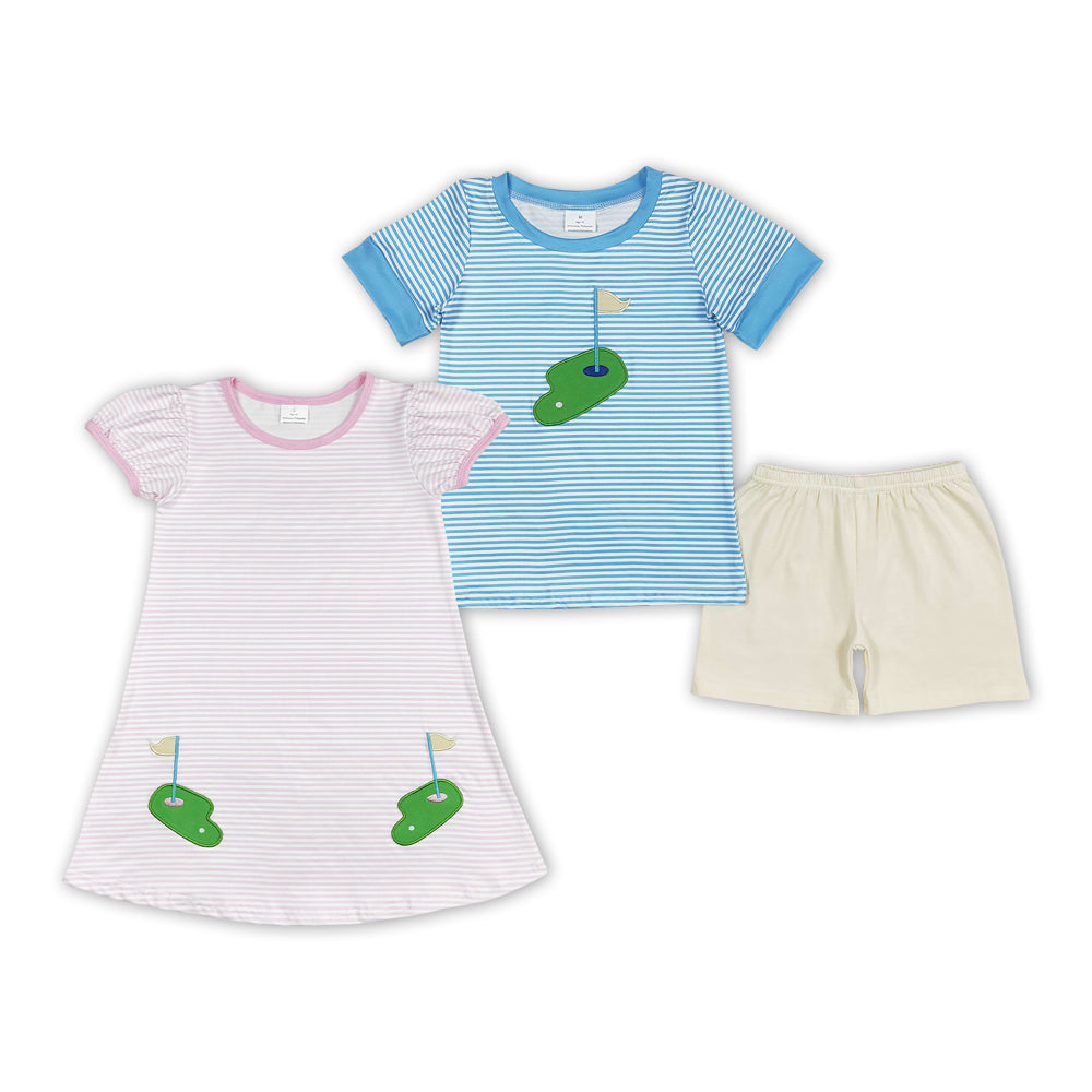 Golf Hole Embroidery Stripes Print Sibling Summer Matching Clothes